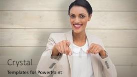  Presentation with bleached - Amazing presentation theme having smiling businesswoman pointing at the camera against bleached wooden planks background backdrop and a mint green colored foreground