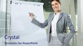  Presentation with project - Colorful PPT theme enhanced with smiling businesswoman presenting new project backdrop and a  colored foreground