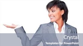  Presentation with product - Presentation theme with smiling businesswoman showing a product background and a  colored foreground