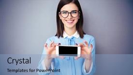  Presentation with blank - Colorful presentation design enhanced with smiling businesswoman showing blank smartphone screen over gray background wearing in blue shirt and glasses looking at camera backdrop and a light blue colored foreground