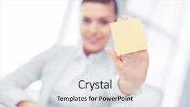  Presentation with education - PPT layouts featuring smiling businesswoman showing blank sticky background and a white colored foreground