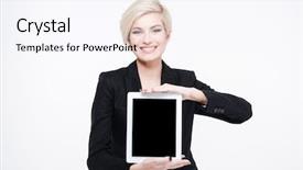  Presentation with blank - Presentation theme enhanced with smiling businesswoman showing blank tablet computer screen isolated on a white background background and a pink colored foreground