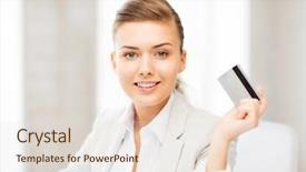  Presentation with credit card icon - Presentation theme featuring smiling businesswoman showing credit background and a lemonade colored foreground