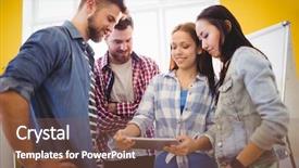  Presentation with coworkers - Amazing slide set having smiling businesswoman showing digital tablet to coworkers in creative office backdrop and a tawny brown colored foreground