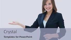  Presentation with hand palm - Beautiful slide set featuring smiling businesswoman showing open hand palm with copy space backdrop and a light blue colored foreground