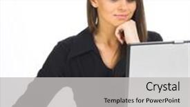  Presentation with computer - Amazing PPT theme having smiling-businesswoman-sitting-at-computer backdrop and a light gray colored foreground