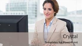  Presentation with front office - Theme having smiling businesswoman sitting in front background and a light gray colored foreground