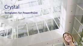  Presentation with low angle view of fictitious - Slide set with smiling businesswoman standing in atrium background and a sky blue colored foreground