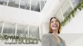  Presentation with low angle view of hockey - Slide set having smiling businesswoman standing in atrium of office building low angle view background and a light gray colored foreground