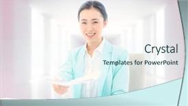  Presentation with taking notes - Cool new PPT layouts with smiling businesswoman taking notes against digitally generated room backdrop and a sky blue colored foreground