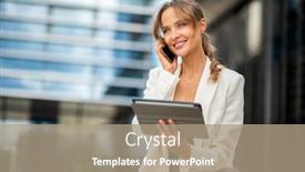  Presentation with using digital tablet - Presentation theme consisting of smiling-businesswoman-using-a-digital background and a coral colored foreground