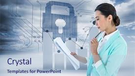  Presentation with circuit board - Colorful PPT layouts enhanced with smiling businesswoman using her notes against graph on circuit board backdrop and a lemonade colored foreground