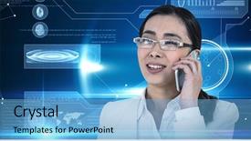  Presentation with glow - Amazing PPT theme having smiling businesswoman using her smart phone against blue technology interface with glow backdrop and a light blue colored foreground