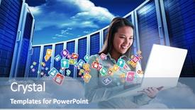  Presentation with server - Colorful presentation theme enhanced with smiling businesswoman using laptop against composite image of server towers 3d backdrop and a teal colored foreground