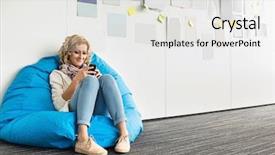  Presentation with office chair - PPT theme featuring smiling businesswoman using mobile phone on beanbag chair in creative office background and a white colored foreground