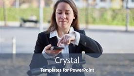  Presentation with smartphone app - Presentation theme enhanced with smiling-businesswoman-using-smartphone-app background and a ocean colored foreground