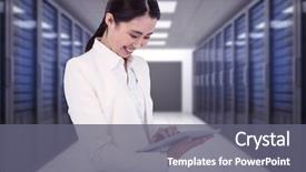  Presentation with towers - Cool new slide set with smiling businesswoman using tablet against server room with towers backdrop and a gray colored foreground