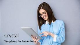  Presentation with tablets wood table tablet white - Theme consisting of smiling businesswoman using tablet computer background and a light blue colored foreground