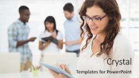  Presentation with tablet - Presentation theme consisting of smiling businesswoman using tablet pc with colleagues behind her background and a lemonade colored foreground