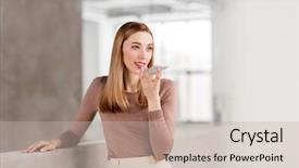  Presentation with corporate - PPT theme having smiling businesswoman using voice command background and a soft green colored foreground