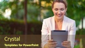  Presentation with gadget - Audience pleasing PPT layouts consisting of smiling-businesswoman-with-a-tablet backdrop and a tawny brown colored foreground