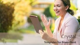  Presentation with gadget - Cool new PPT theme with smiling-businesswoman-with-a-tablet backdrop and a coral colored foreground