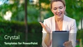  Presentation with gadget - Colorful slide deck enhanced with smiling-businesswoman-with-a-tablet backdrop and a tawny brown colored foreground