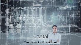  Presentation with hologram - Amazing slide set having smiling businesswoman with arms crossed at office against hologram background backdrop and a light blue colored foreground