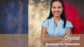  Presentation with france flag - Audience pleasing slide set consisting of smiling businesswoman with arms crossed against france flag in grunge effect backdrop and a coral colored foreground