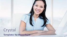 Presentation with bright white - Slides having smiling businesswoman with arms crossed against bright white room with windows background and a sky blue colored foreground