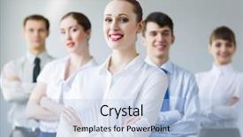  Presentation with youth leadership greenboard young - PPT theme with smiling businesswoman with colleagues leadership background and a light blue colored foreground