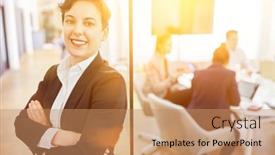  Presentation with office room - Colorful slide set enhanced with smiling-businesswoman-with-crossed-arms backdrop and a coral colored foreground