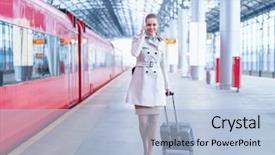  Presentation with luggage - Amazing slides having smiling businesswoman with luggage backdrop and a light blue colored foreground