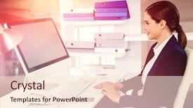  Presentation with computer infections - Slides having smiling businesswoman working on computer background and a  colored foreground