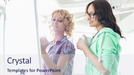  Presentation with whiteboard - Beautiful slide deck featuring smiling businesswomen preparing presentation on whiteboard in creative office backdrop and a sky blue colored foreground