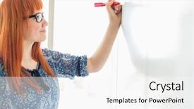  Presentation with creative writing - Cool new PPT theme with smiling businesswomen writing on whiteboard in creative office backdrop and a white colored foreground