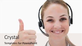  Presentation with call center - Amazing presentation design having smiling call center agent giving backdrop and a soft green colored foreground