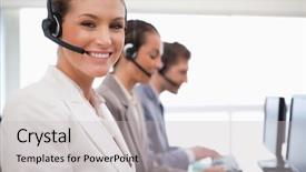  Presentation with call center - PPT layouts enhanced with smiling call center agent background and a light gray colored foreground