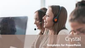  Presentation with call center - Slide deck enhanced with smiling-call-center-operator-sitting background and a coral colored foreground