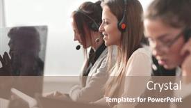  Presentation with call center - Beautiful slides featuring smiling-call-center-operator-sitting backdrop and a coral colored foreground