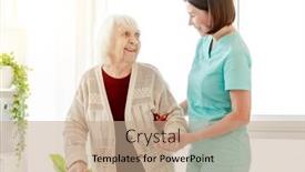  Presentation with elderly home - PPT theme featuring smiling-caregiver-helping-happy-elderly background and a coral colored foreground