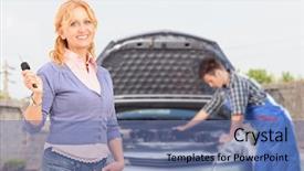  Presentation with female mechanic - Beautiful theme featuring smiling careless female holding a key while in the background mechanic is checking her car backdrop and a ocean colored foreground