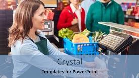  Presentation with barcode - Cool new PPT layouts with smiling-cashier-at-the-supermarket backdrop and a light blue colored foreground