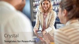  Presentation with credit card - Slides consisting of smiling-cashier-processing-credit-card background and a mint green colored foreground