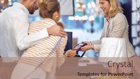  Presentation with credit card - Presentation having smiling-cashier-processing-credit-card background and a coral colored foreground