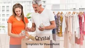  Presentation with business casual - Audience pleasing PPT theme consisting of smiling-casual-business-colleagues-sorting backdrop and a coral colored foreground