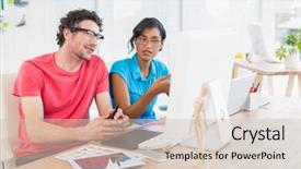  Presentation with team working together - Cool new slide deck with smiling casual business team working together in the office backdrop and a soft green colored foreground