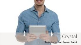  Presentation with tab - Theme having smiling-casual-guy-in-denim background and a light gray colored foreground