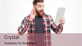  Presentation with video background - PPT theme featuring smiling casual man making video background and a violet colored foreground