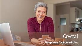  Presentation with telephone mobile - Slide set consisting of smiling casual senior woman using background and a tawny brown colored foreground